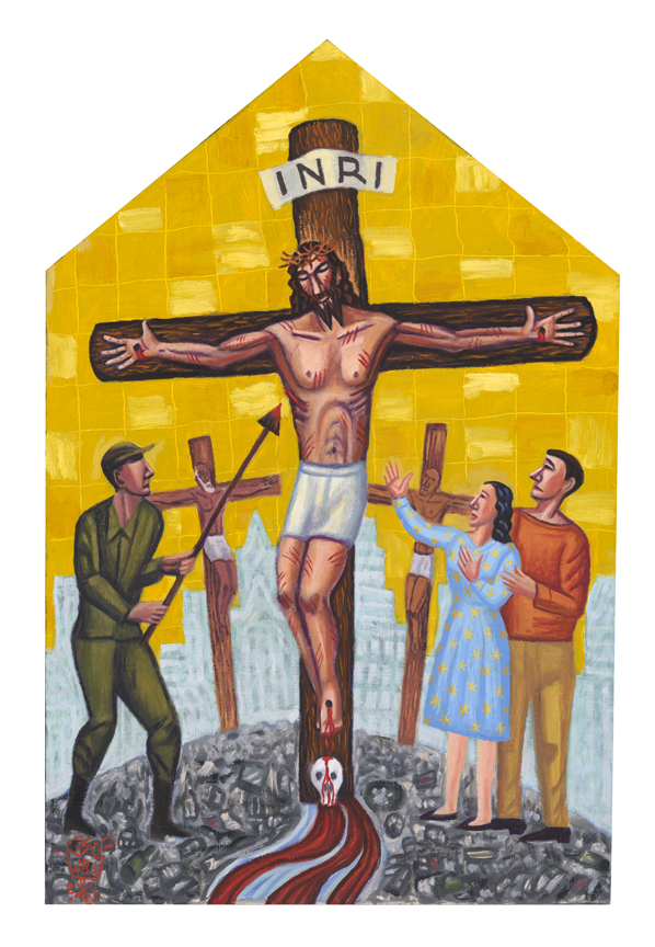 jesus is crucified and dies pierced with a spear blood and water flow from side mary and john under the cross
